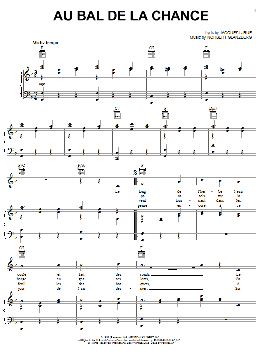 Edith Piaf Au Bal De La Chance Sheet Music