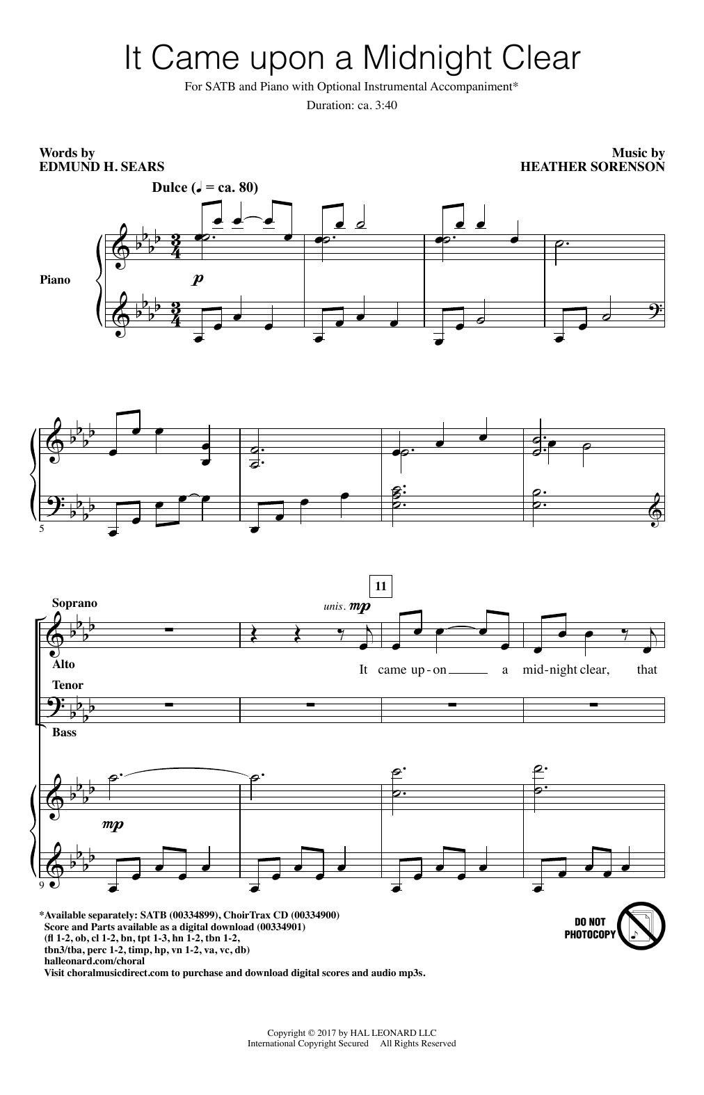 Edmund H. Sears and Heather Sorenson It Came Upon A Midnight Clear Sheet Music