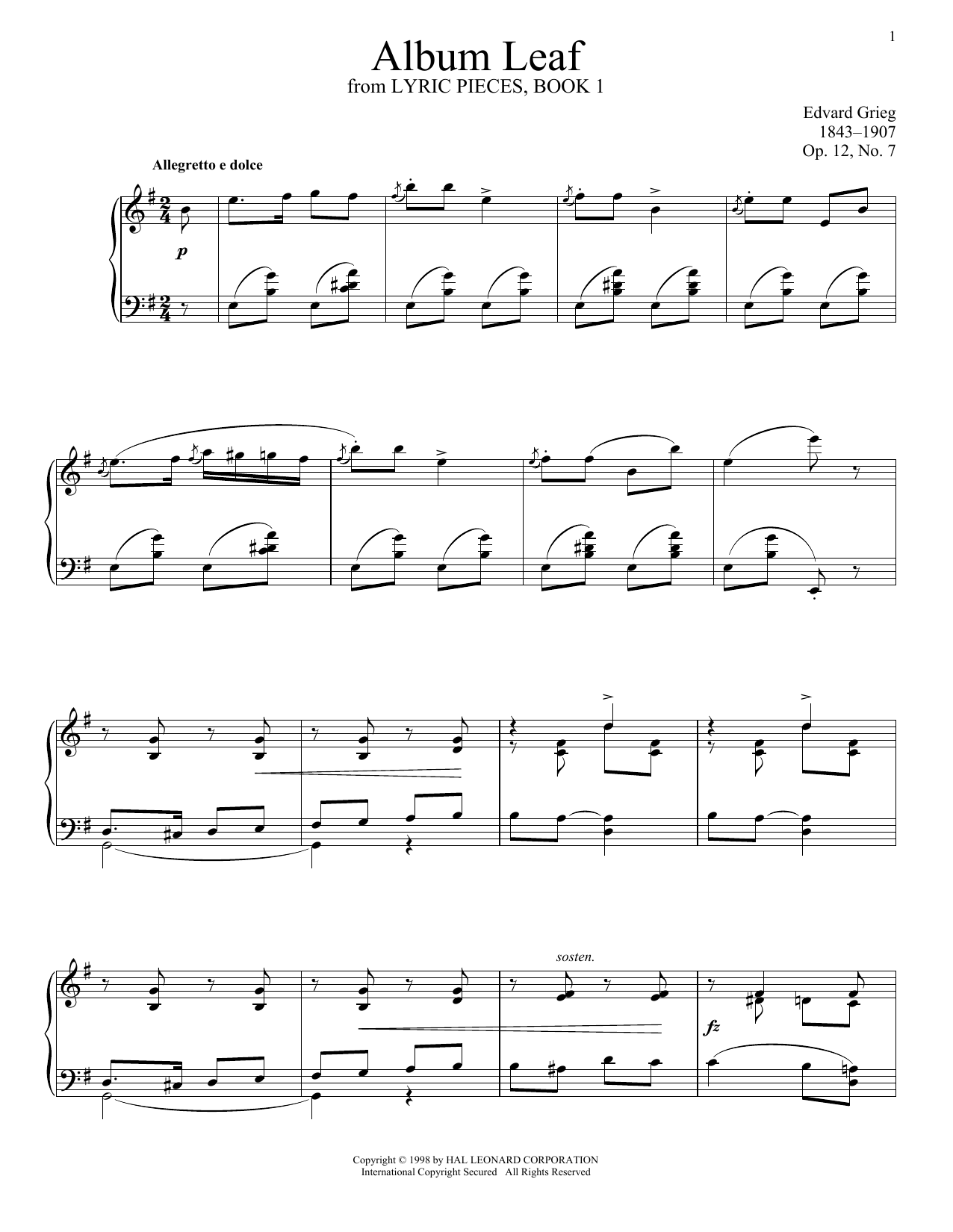 Edvard Grieg Album Leaf, Op. 12, No. 7 Sheet Music