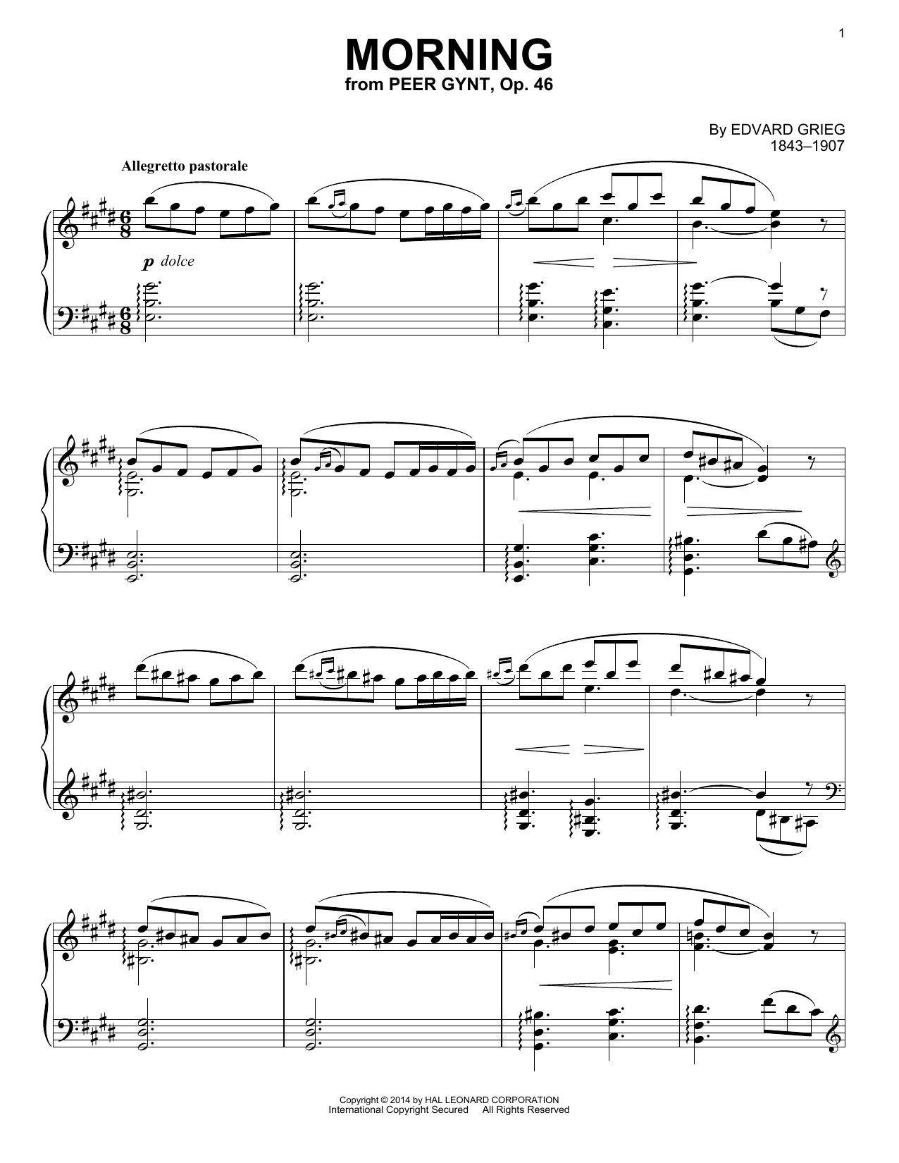 Edvard Grieg Morning (arr. Richard Walters) Sheet Music