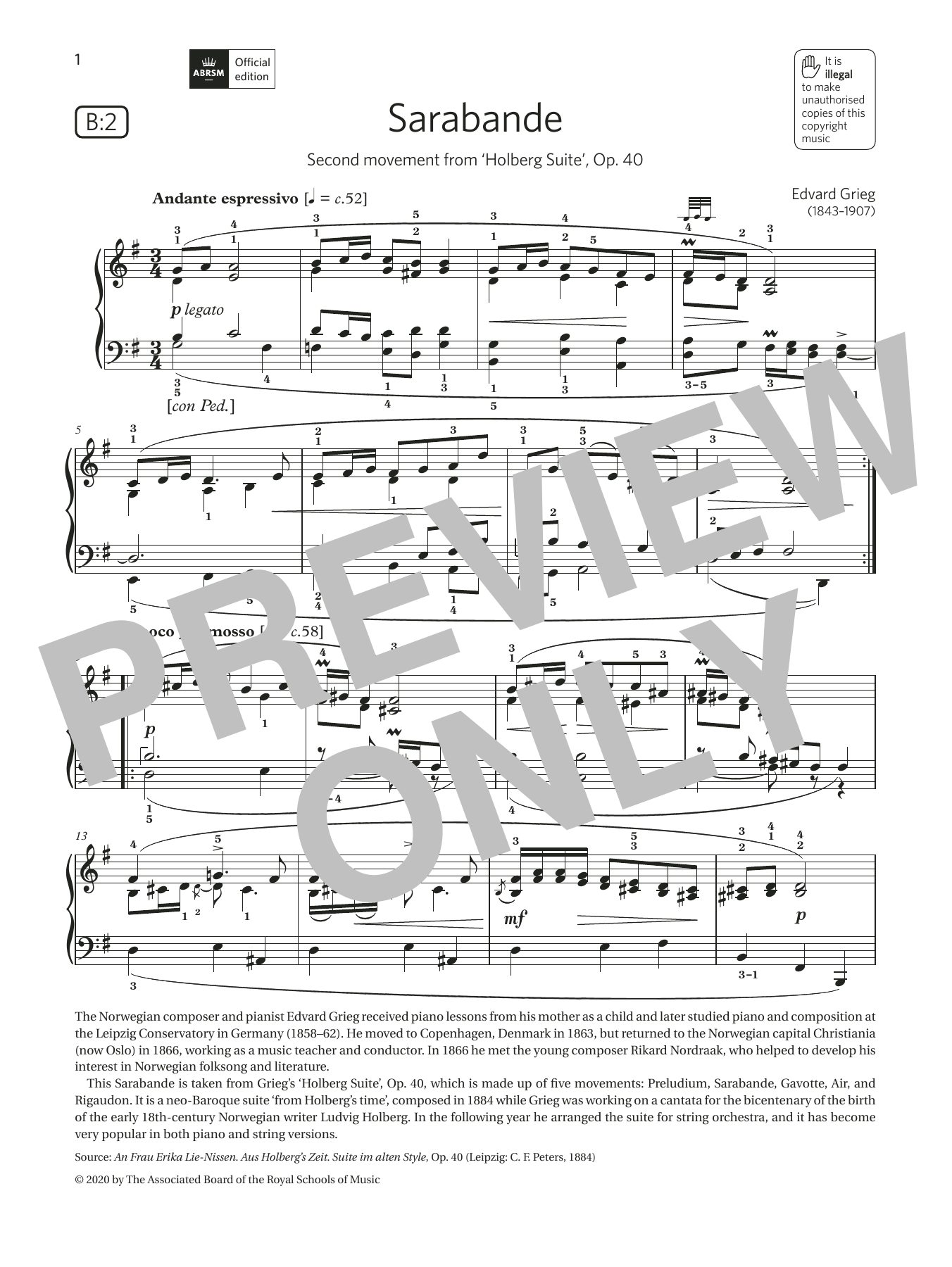 Edvard Grieg Sarabande (Grade 7, list B2, from the ABRSM Piano Syllabus 2021 & 2022) Sheet Music