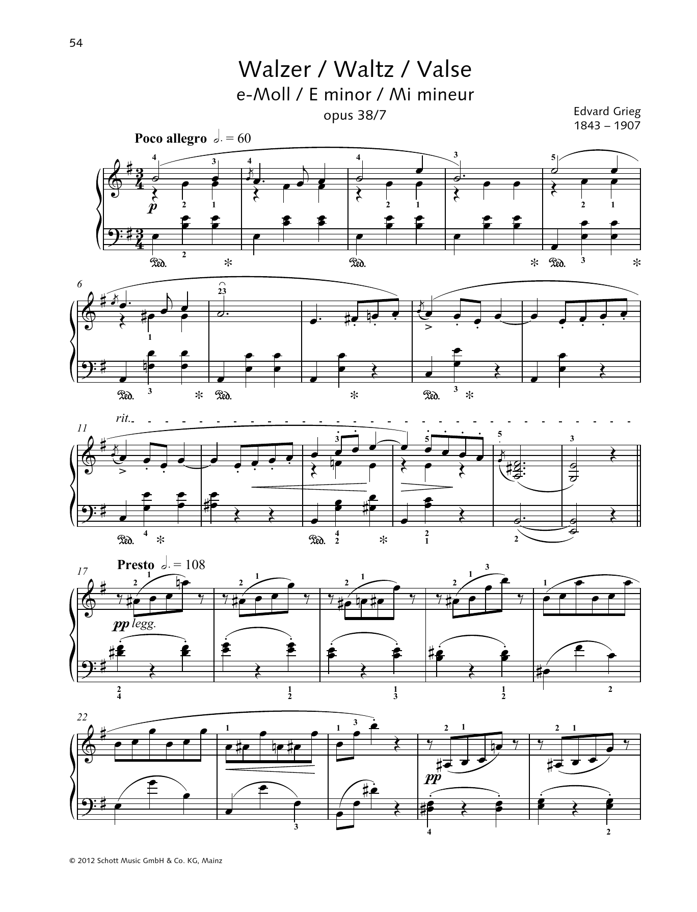 Edvard Grieg Waltz E minor Sheet Music