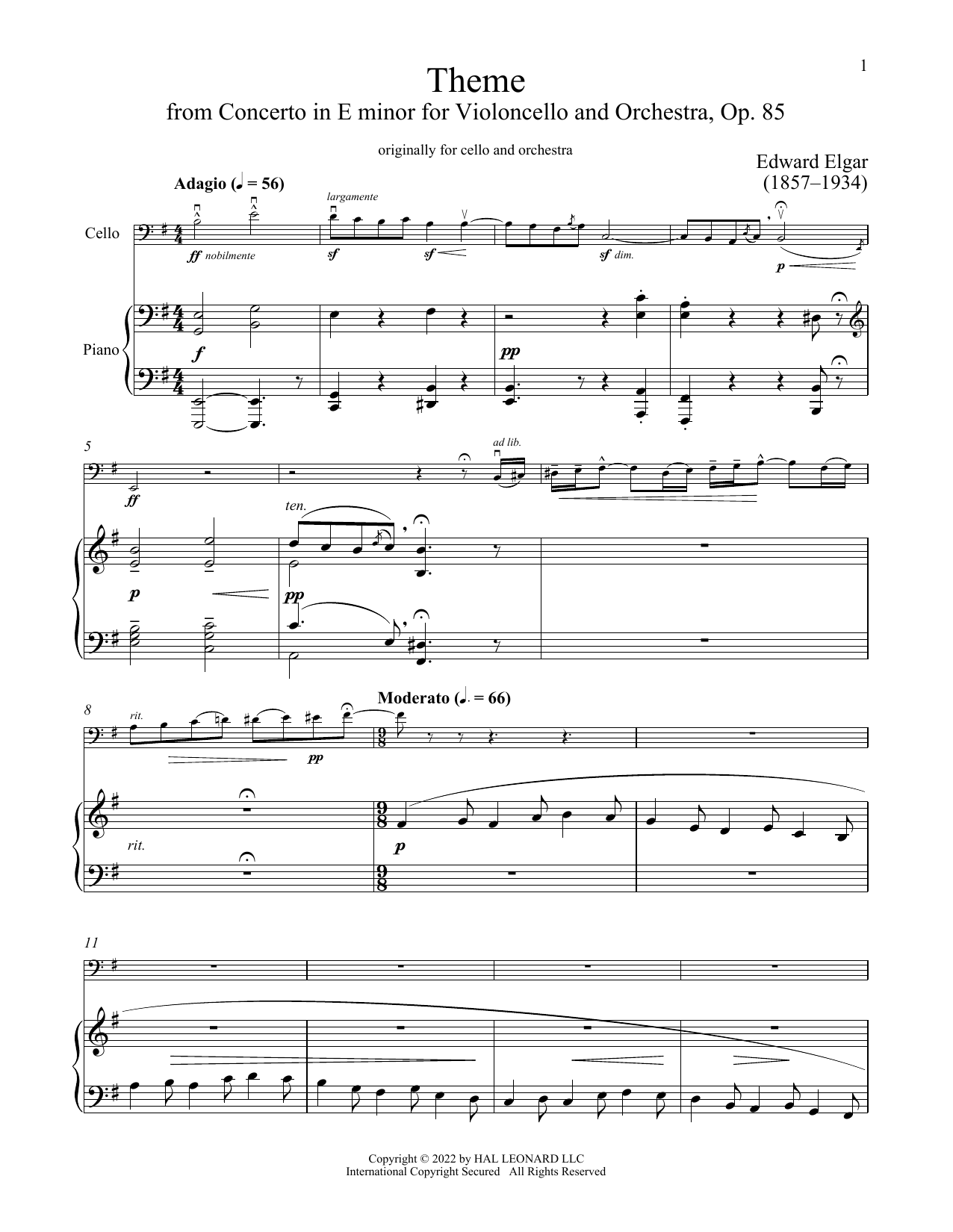 Edward Elgar Cello Concerto Sheet Music