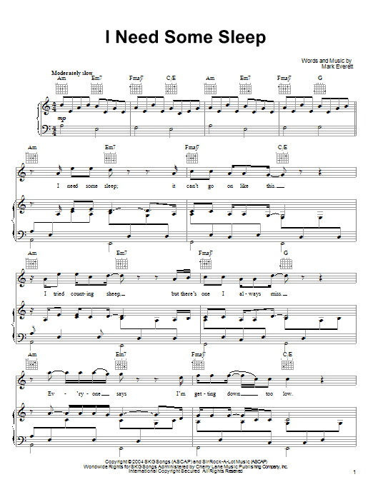 Eels I Need Some Sleep Sheet Music