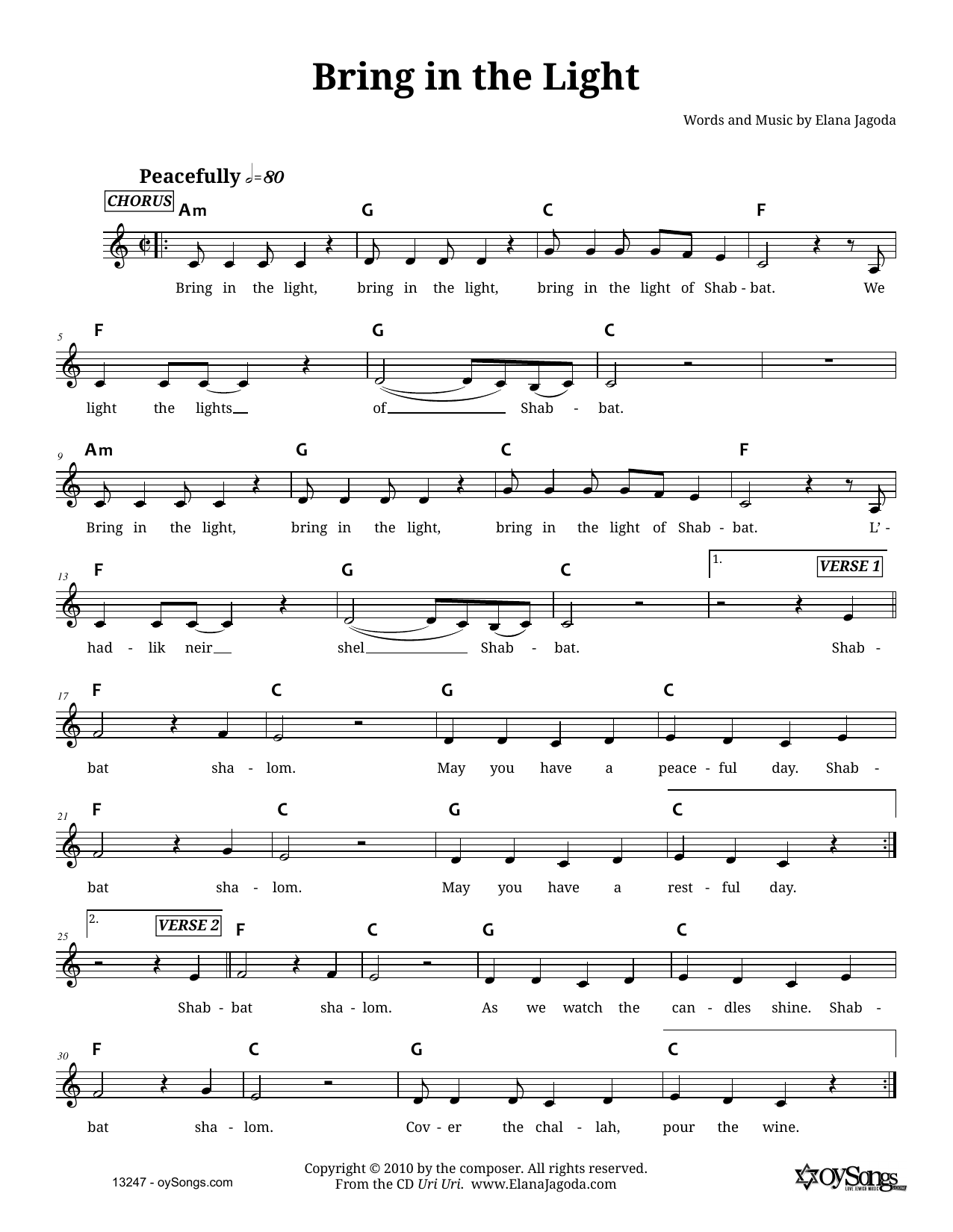 Elana Jagoda Bring In the Light Sheet Music