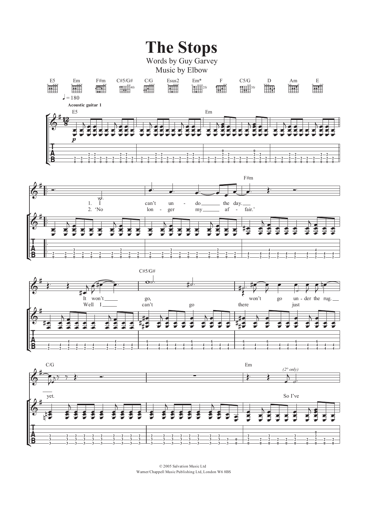 Elbow The Stops Sheet Music