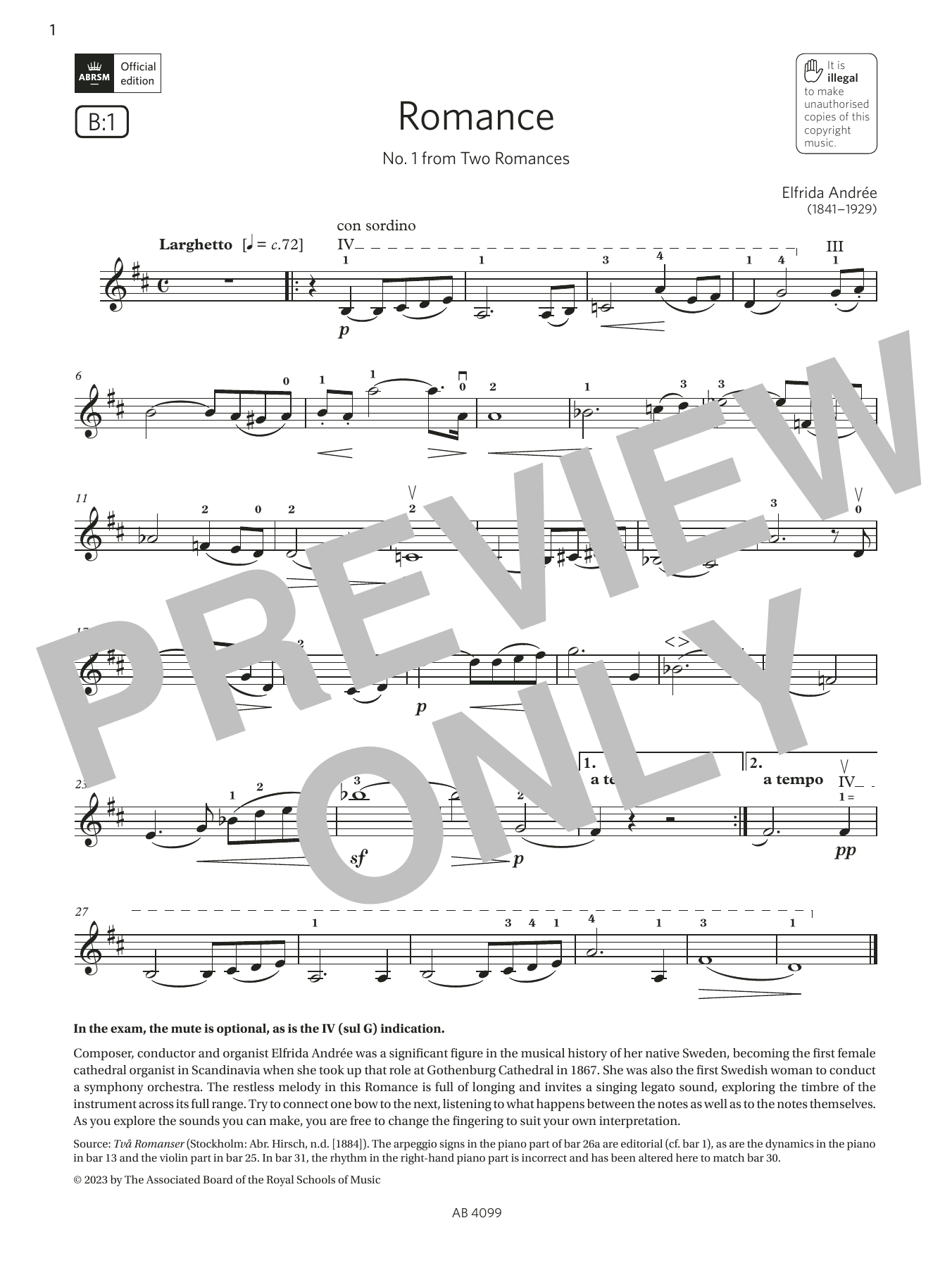 Elfrida Andrée Romance (Grade 5, B1, from the ABRSM Violin Syllabus from 2024) Sheet Music
