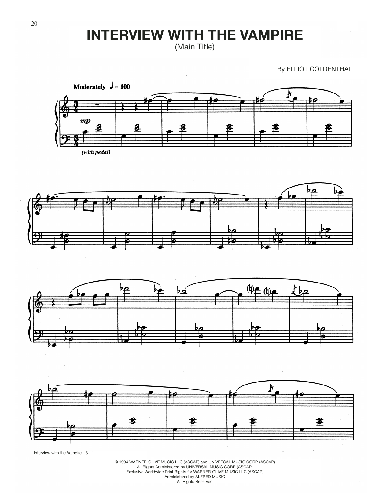 Elliot Goldenthal Interview With The Vampire (Main Title) Sheet Music