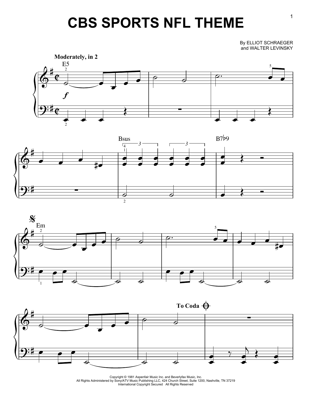 Elliot Schraeger and Walter Levinsky CBS Sports NFL Theme Sheet Music