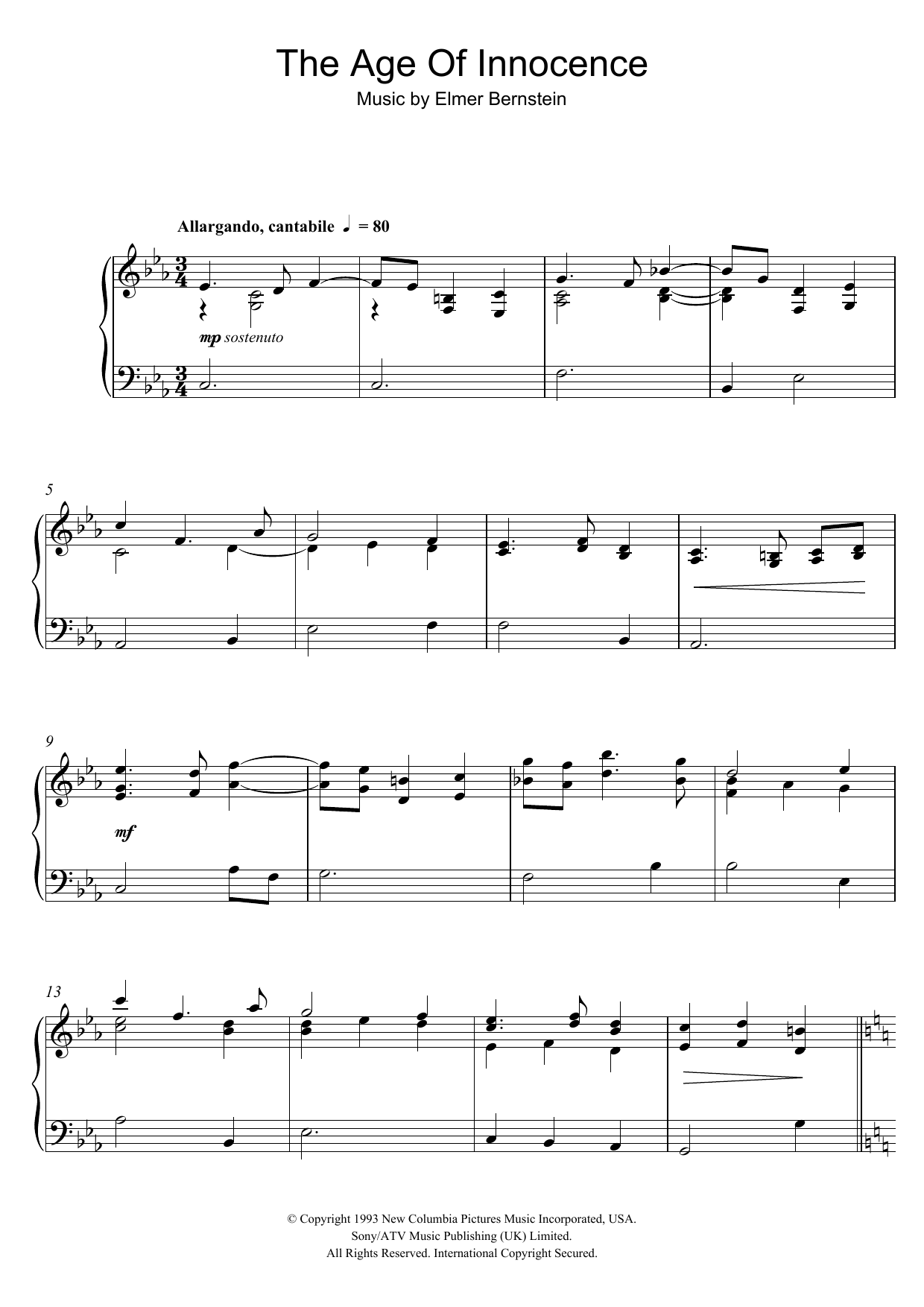 Elmer Bernstein Age Of Innocence (End Credits) Sheet Music