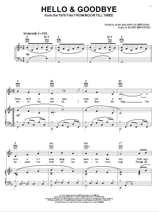 Elmer Bernstein Hello & Goodbye Sheet Music