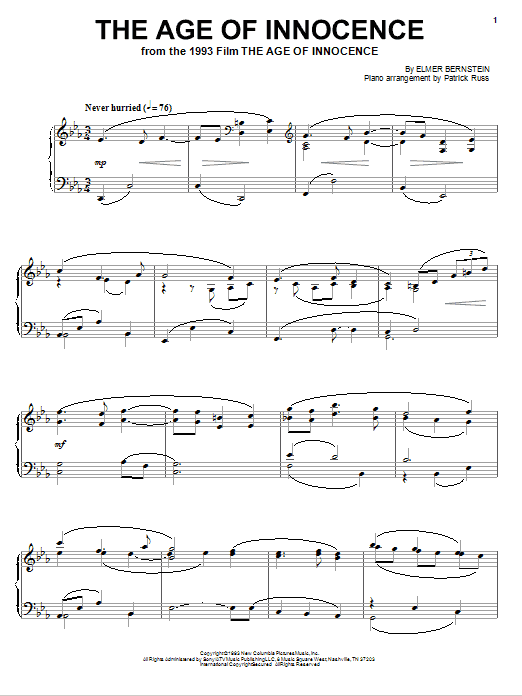 Elmer Bernstein The Age Of Innocence Sheet Music