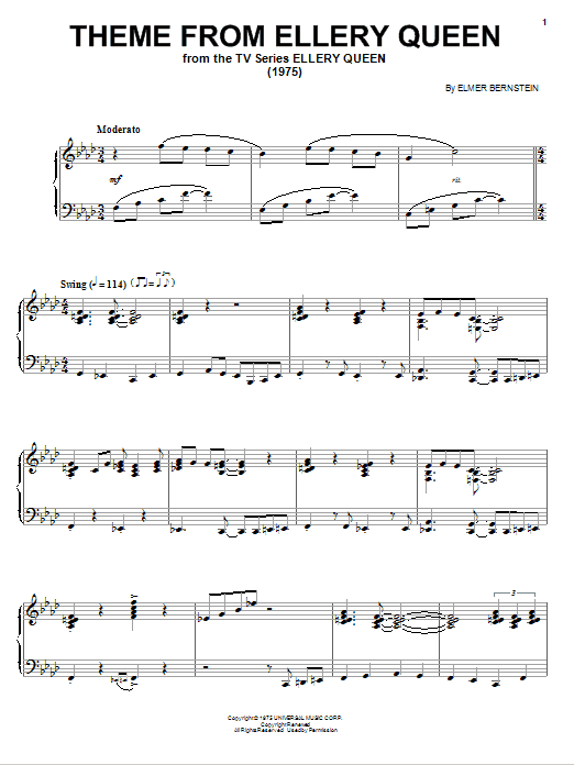 Elmer Bernstein Theme from Ellery Queen Sheet Music
