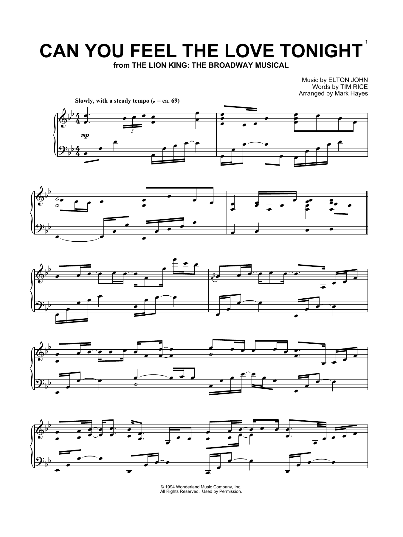 Elton John Can You Feel The Love Tonight (from The Lion King) (arr. Mark Hayes) Sheet Music