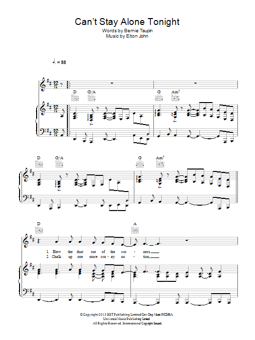 Elton John Can't Stay Alone Tonight Sheet Music