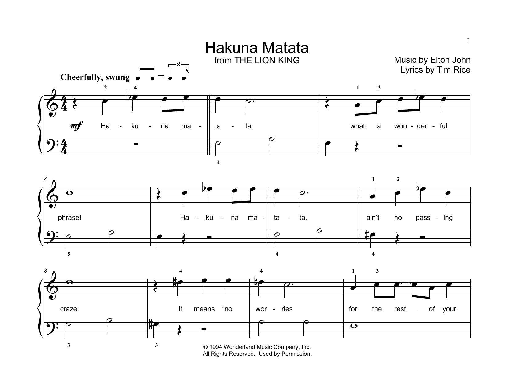Elton John Hakuna Matata (from The Lion King) (arr. Christopher Hussey) Sheet Music