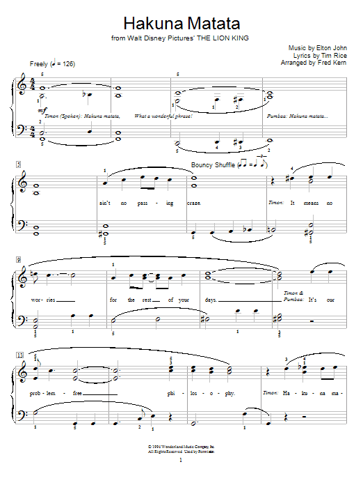 Elton John Hakuna Matata (from The Lion King) (arr. Fred Kern) Sheet Music
