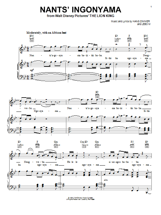 Elton John Nants' Ingonyama Sheet Music
