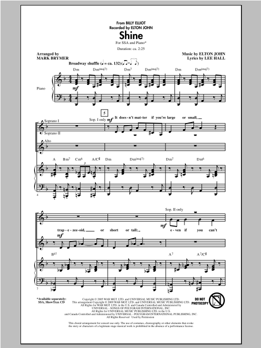 Elton John Shine (from Billy Elliot) (arr. Mark Brymer) Sheet Music