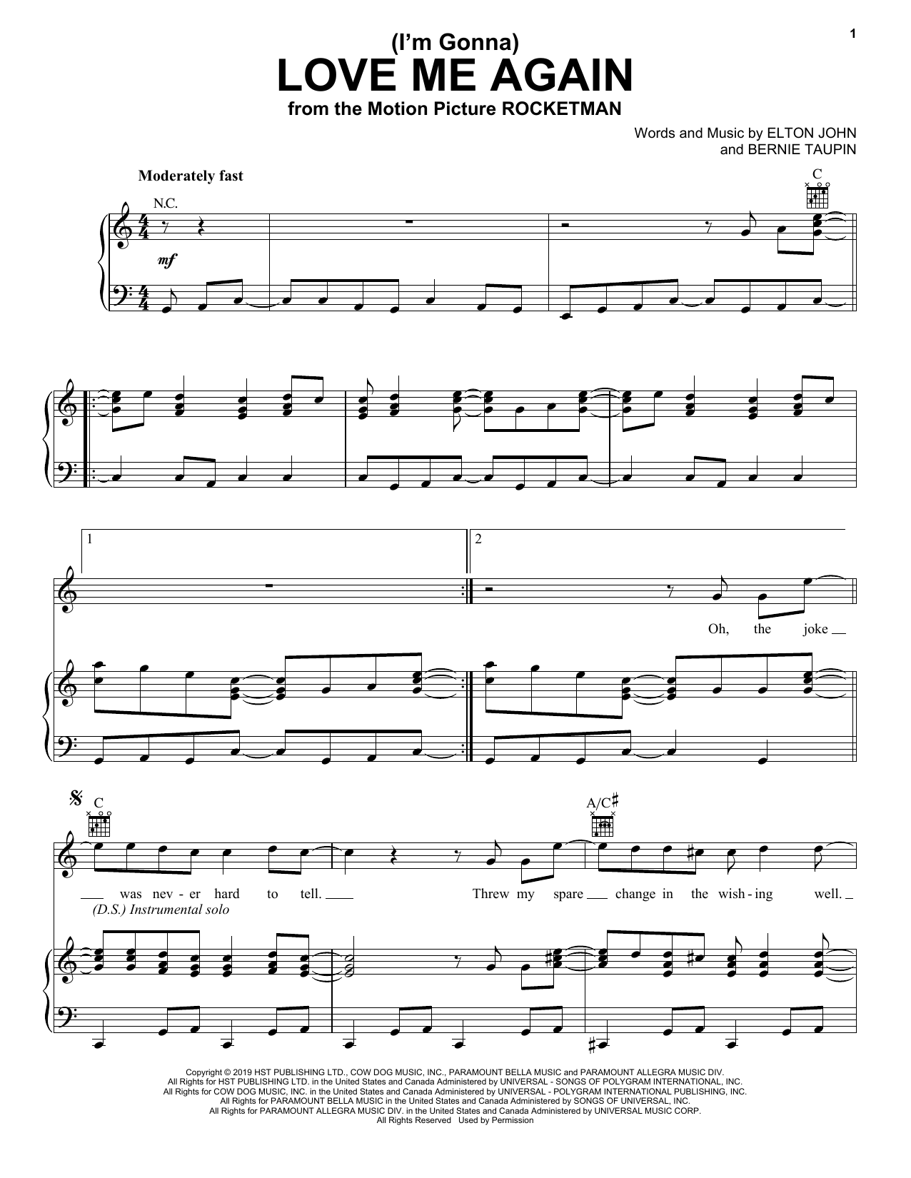 Elton John & Taron Egerton (I'm Gonna) Love Me Again (from Rocketman) Sheet Music