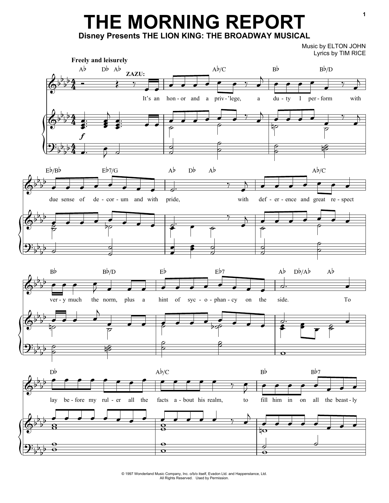Elton John The Morning Report (from The Lion King: Broadway Musical) Sheet Music
