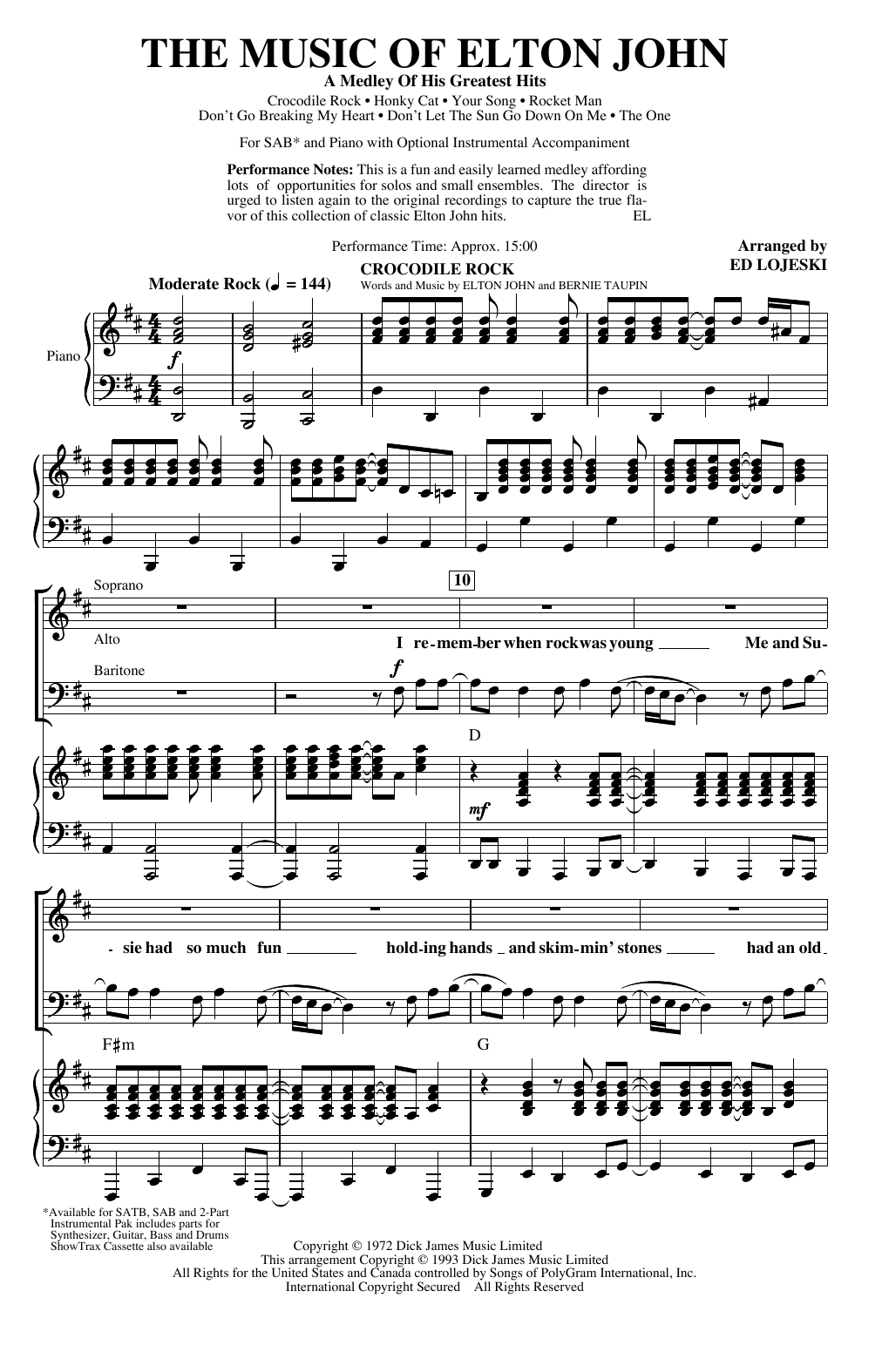 Elton John The Music of Elton John (A Medley Of His Greatest Hits) (arr. Ed Lojeski) Sheet Music