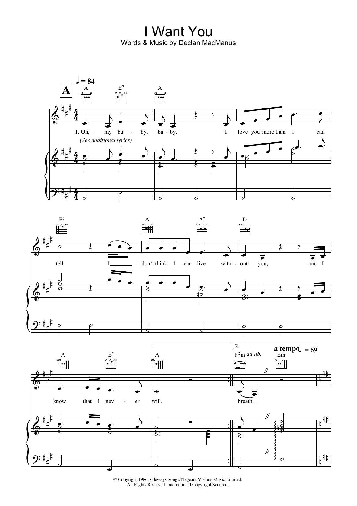 Elvis Costello I Want You Sheet Music