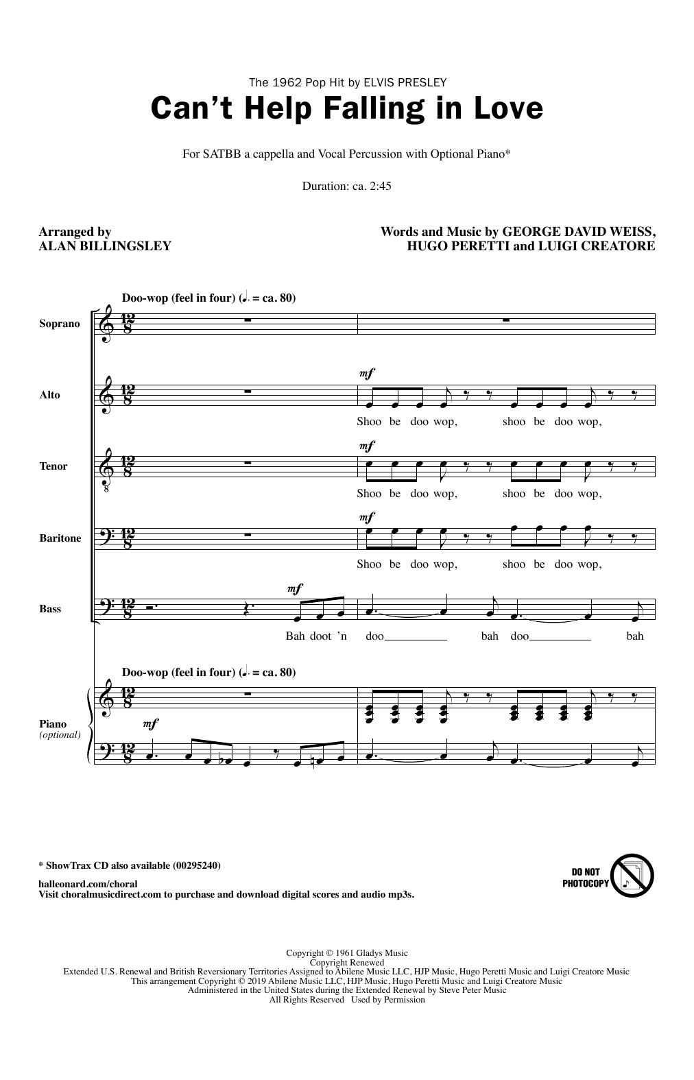 Elvis Presley Can't Help Falling In Love (arr. Alan Billingsley) Sheet Music