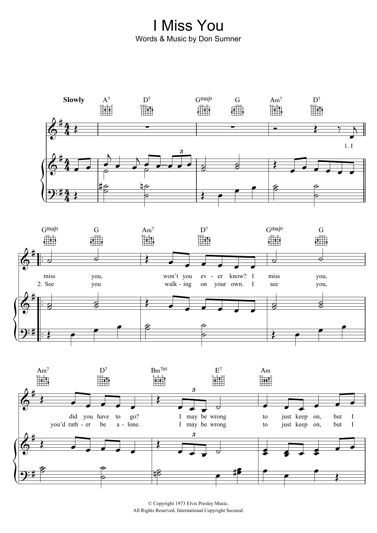 Elvis Presley I Miss You Sheet Music