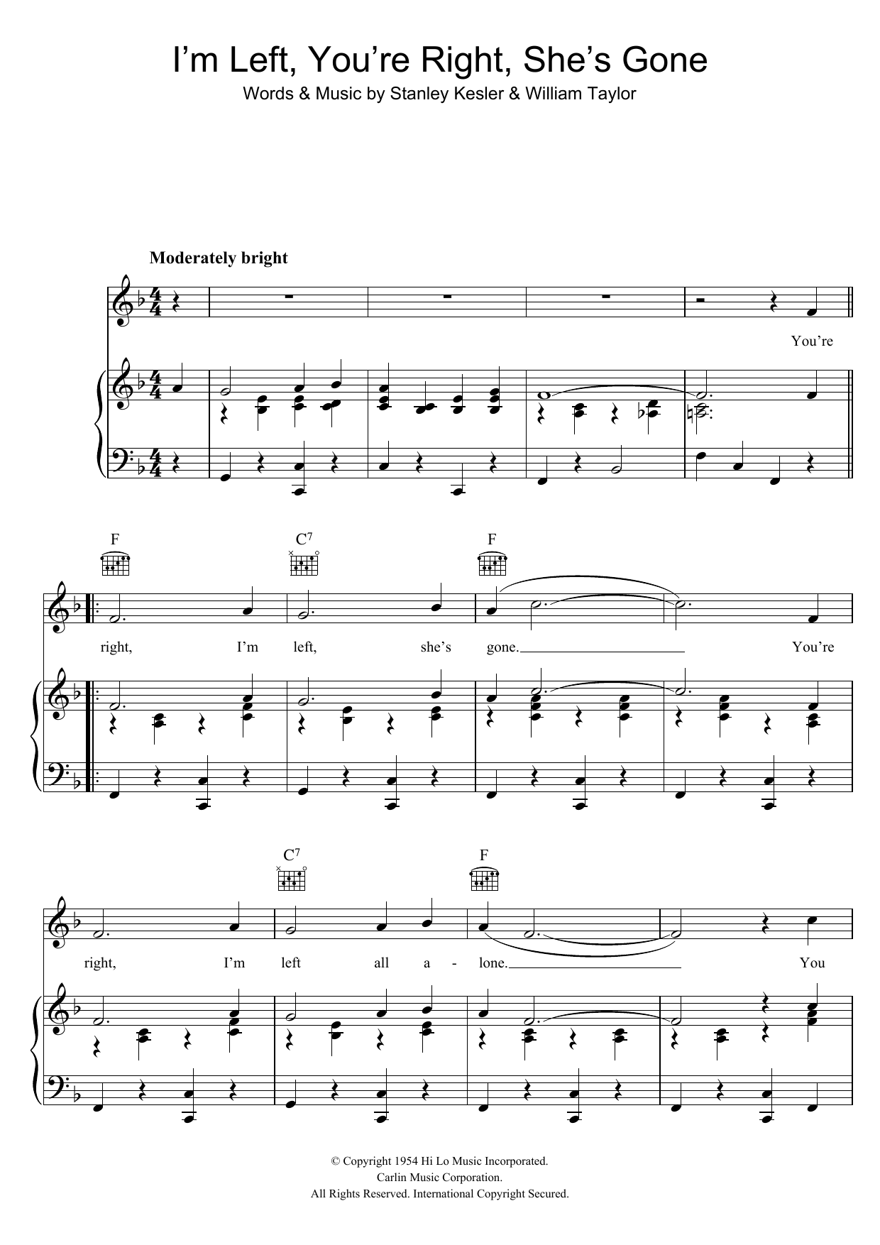 Elvis Presley I'm Left, You're Right, She's Gone Sheet Music
