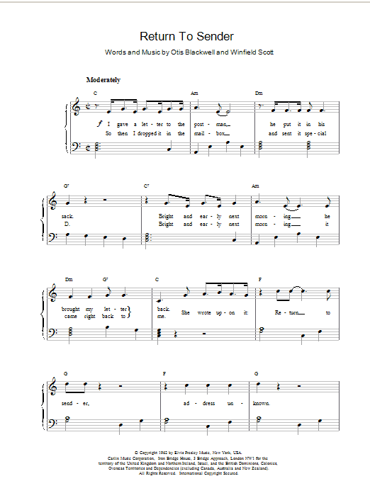Elvis Presley Return To Sender Sheet Music
