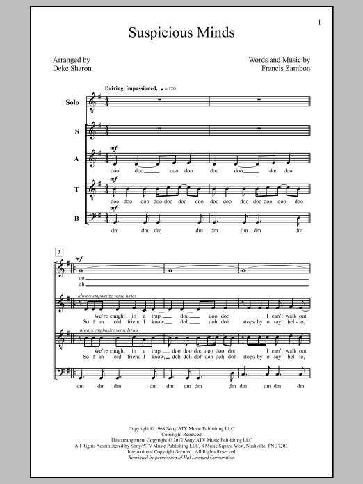 Elvis Presley Suspicious Minds (arr. Deke Sharon) Sheet Music