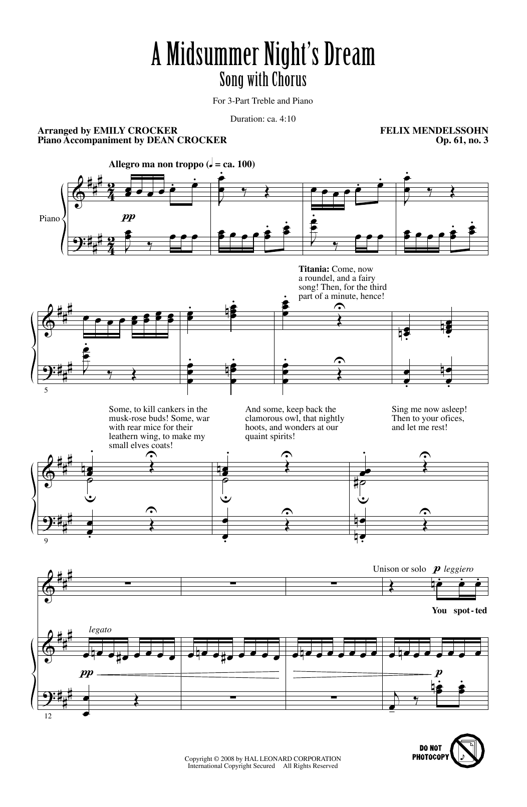 Emily Crocker A Midsummer Night's Dream Overture, Excerpt Sheet Music