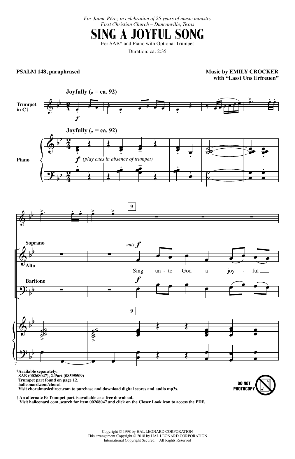 Emily Crocker Sing A Joyful Song Sheet Music