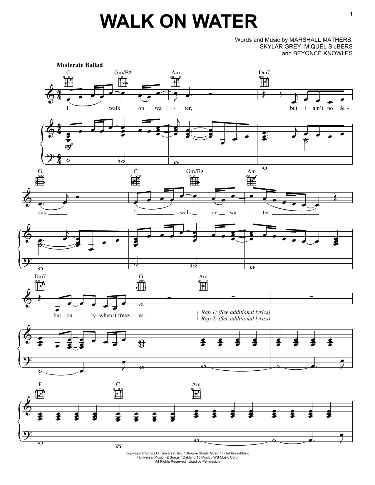 Eminem feat. Beyonce Walk On Water Sheet Music