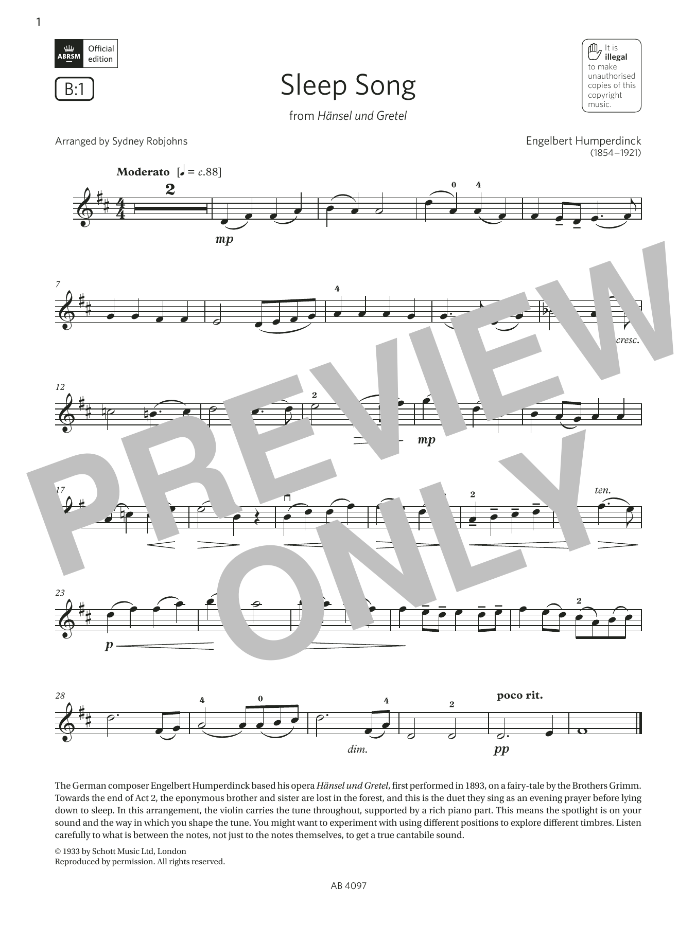 Engelbert Humperdinck Sleep Song (Grade 3, B1, from the ABRSM Violin Syllabus from 2024) Sheet Music