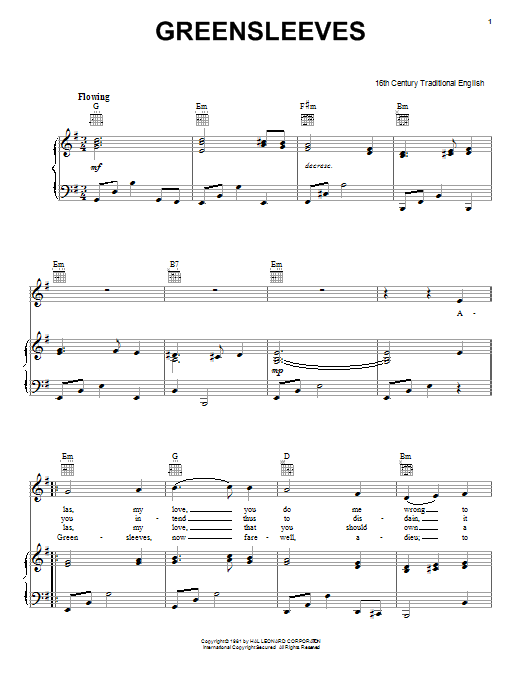 Traditional English Folksong Greensleeves Sheet Music