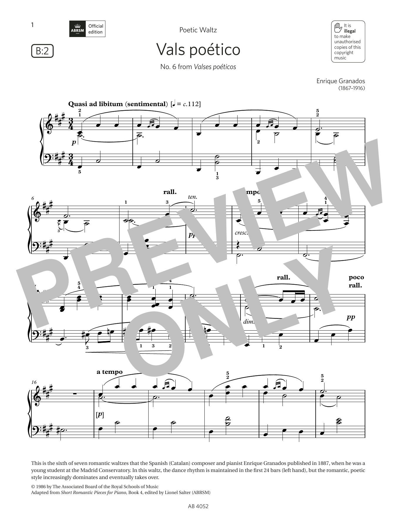 Enrique Granados Vals poético (Grade 6, list B2, from the ABRSM Piano Syllabus 2023 & 2024) Sheet Music