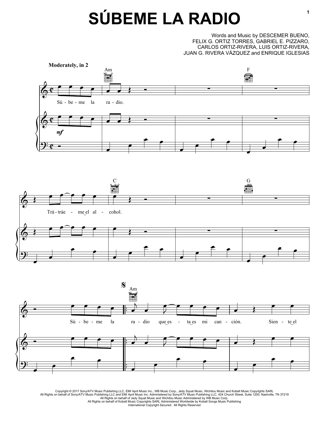 Enrique Iglesias Subeme La Radio Sheet Music