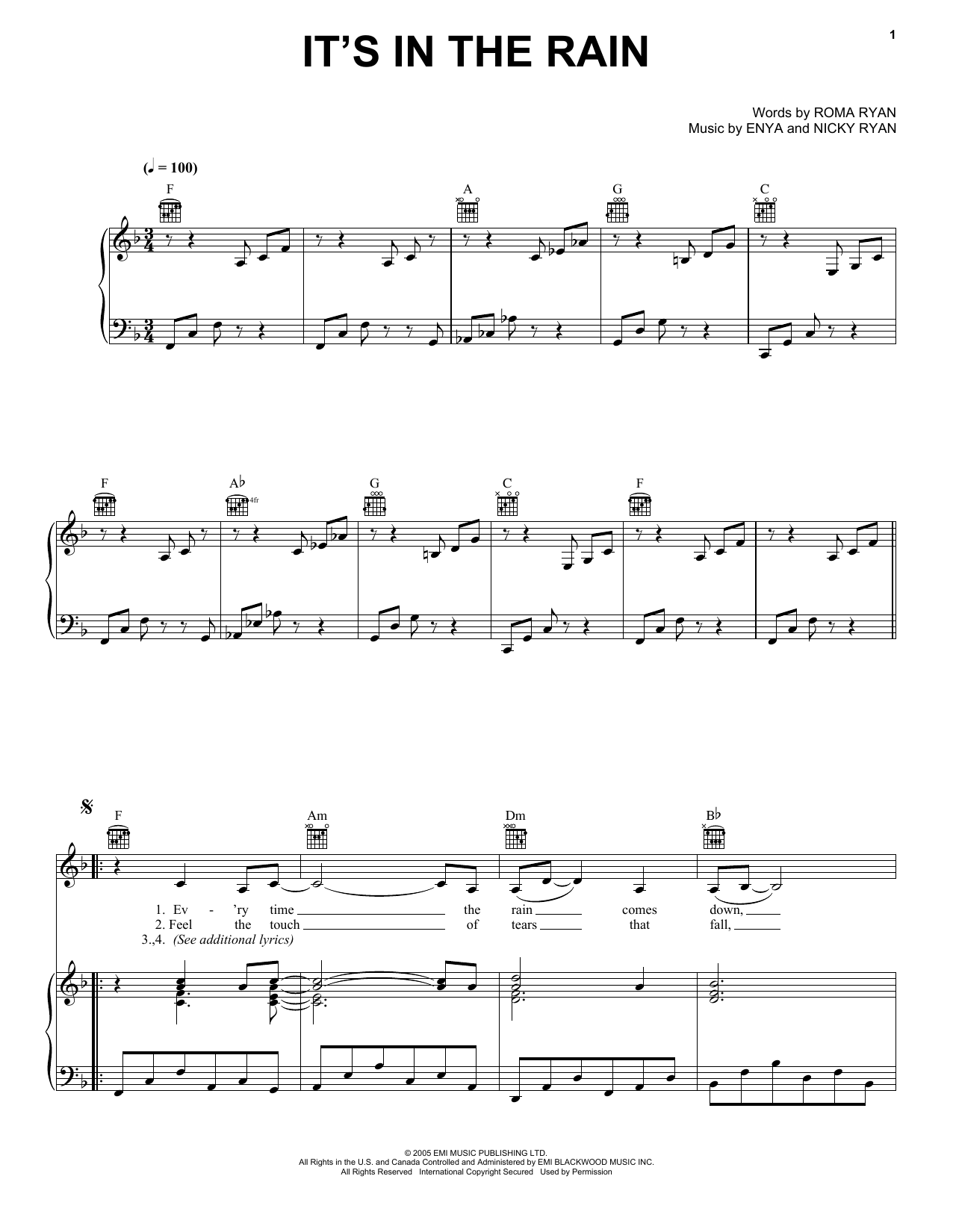 Enya It's In The Rain Sheet Music