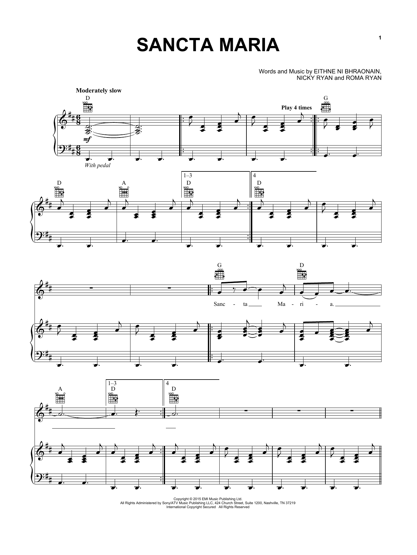 Enya Sancta Maria Sheet Music