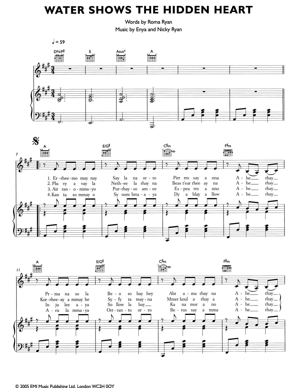 Enya Water Shows The Hidden Heart Sheet Music