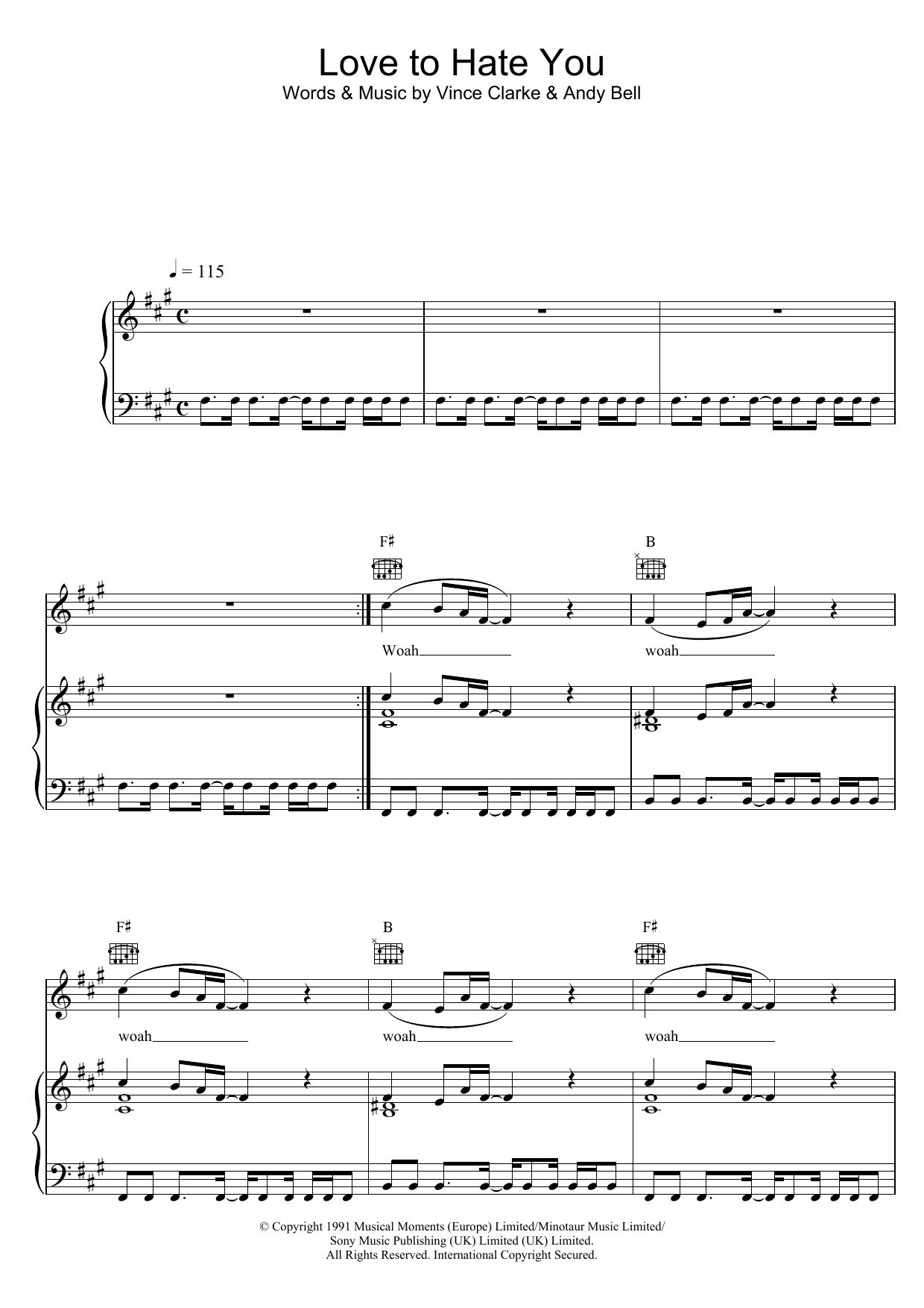 Erasure Love To Hate You Sheet Music