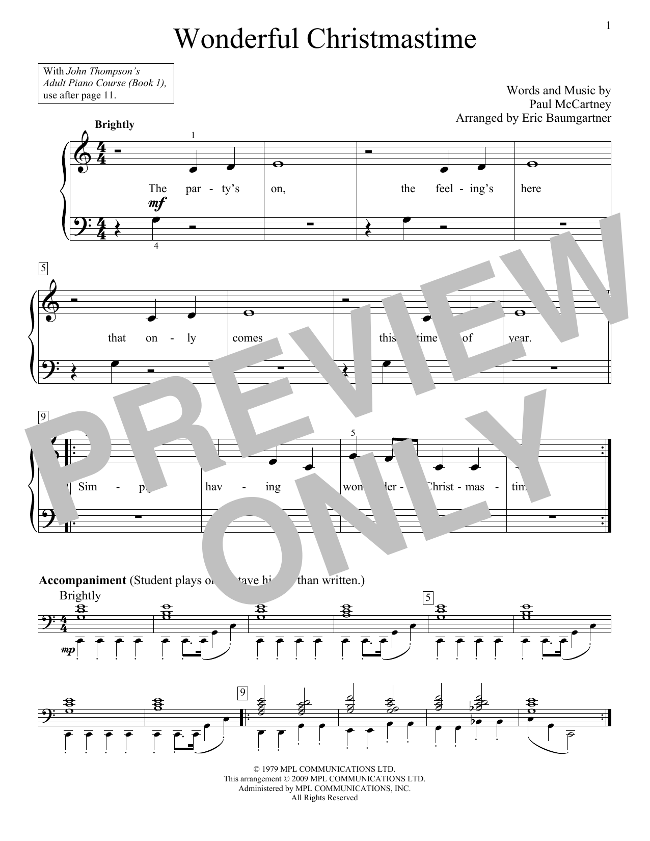 Eric Baumgartner Wonderful Christmastime Sheet Music