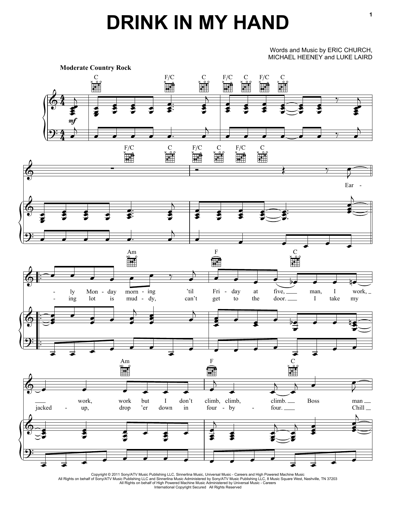 Eric Church Drink In My Hand Sheet Music