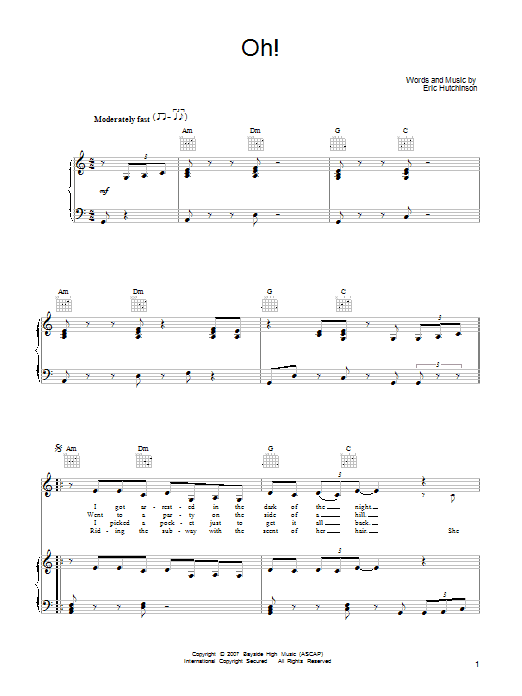 Eric Hutchinson Oh! Sheet Music