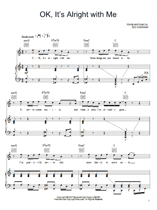 Eric Hutchinson OK, It's Alright With Me Sheet Music