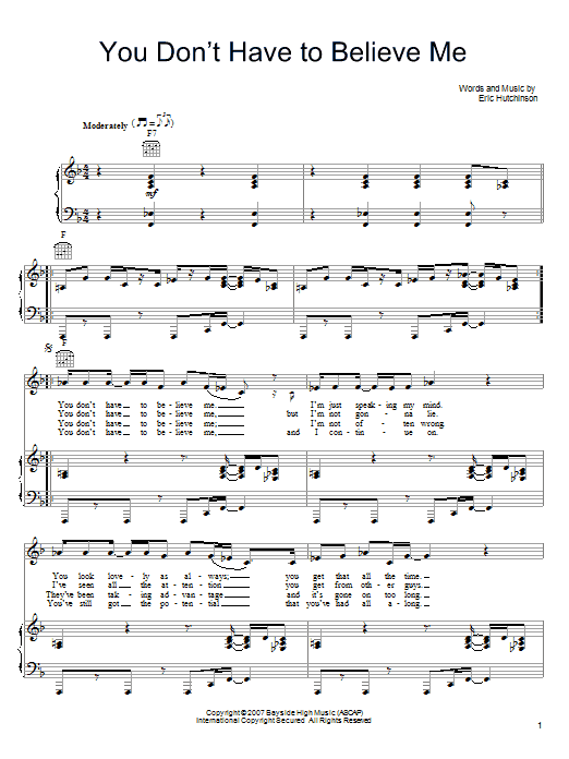 Eric Hutchinson You Don't Have To Believe Me Sheet Music
