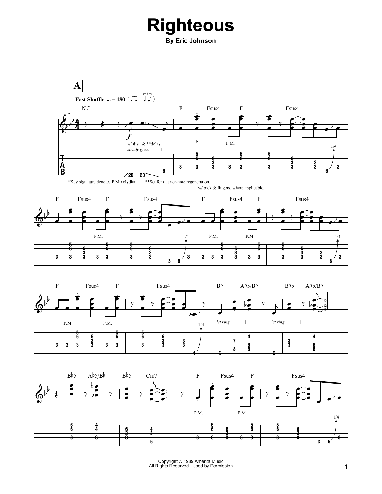 Eric Johnson Righteous Sheet Music