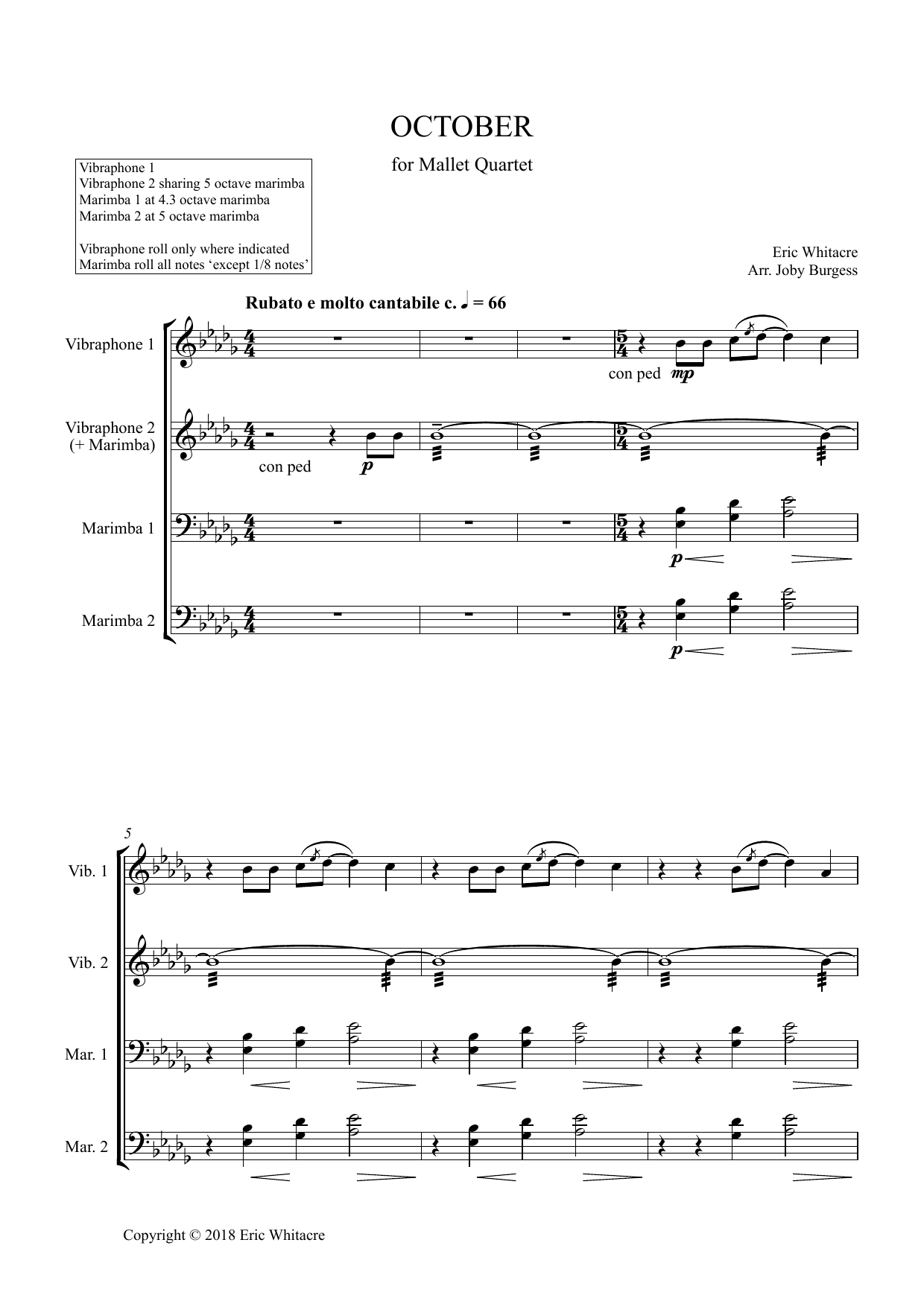 Eric Whitacre October (Alleluia) for Mallet Quartet (arr. Joby Burgess) - Full Score Sheet Music